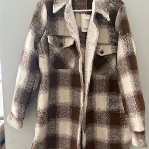 Skies Are Blue Brown and Cream Plaid Teddy Jacket